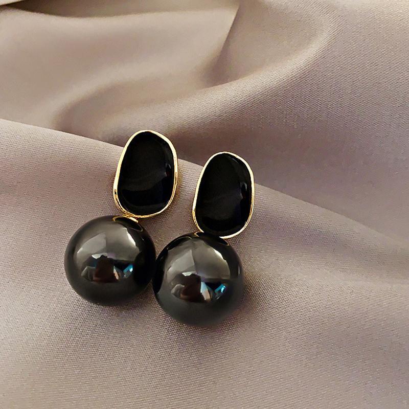 Trend Big Imitation Pearl Dangle Earrings Women Irregular Geometric Oval Drop Earrings for Women Enamel Oil Black Pink Jewelry