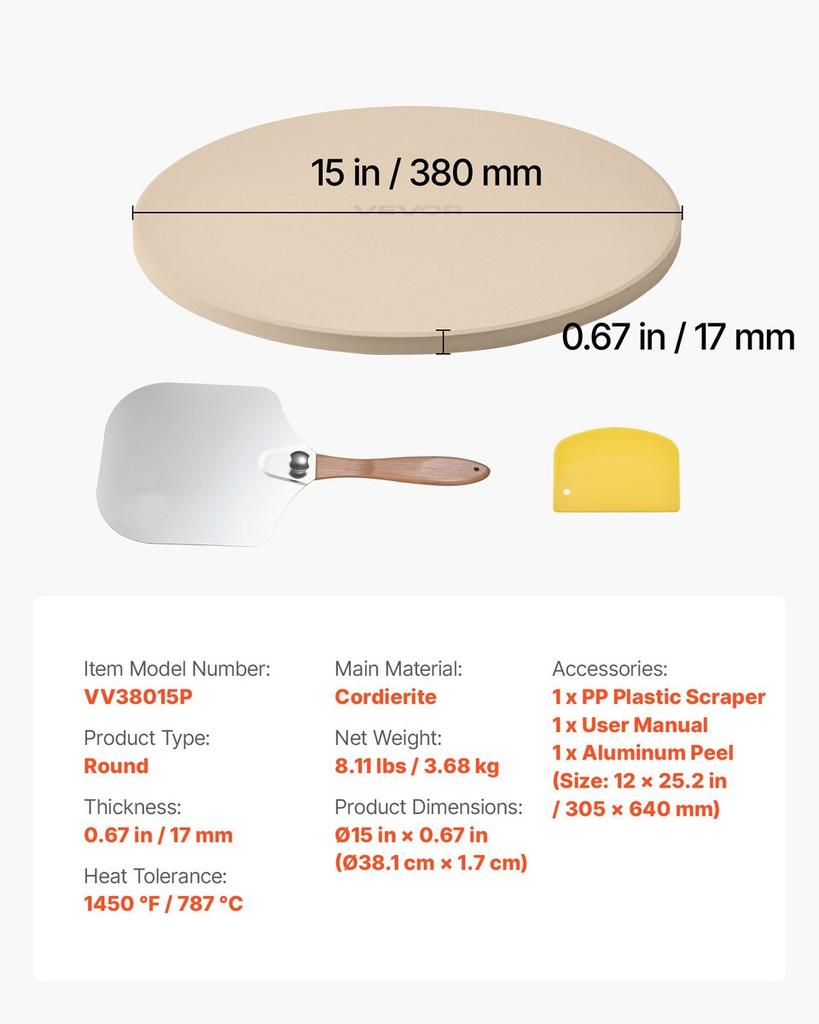 Pizza Stone, 381 mm Round Cordierite Pizza Stone, Extra Large Baking-Stone with Aluminum Peel, 17 mm Thickness Heat-Resistant Cooking Cordierite, for