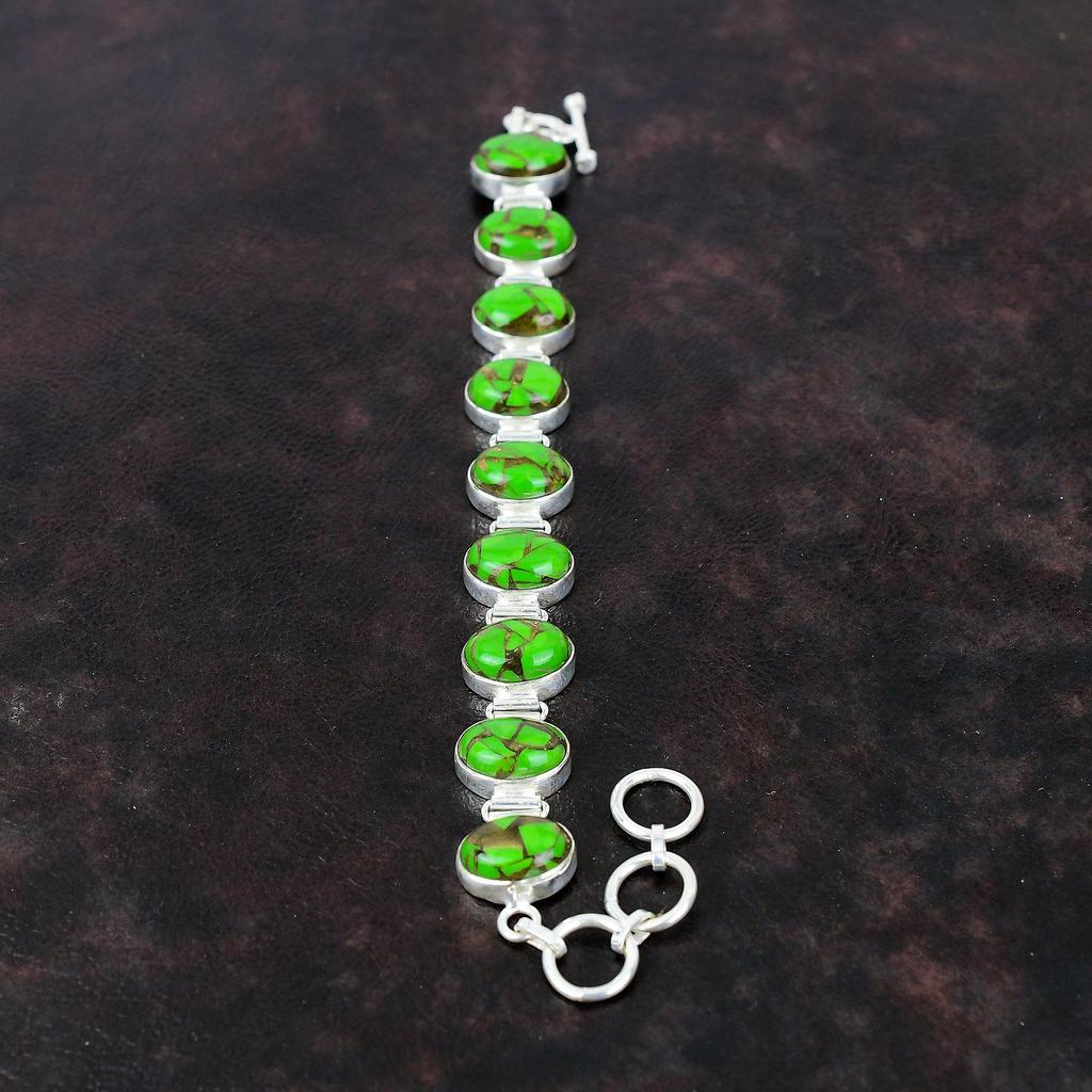 Copper Green Turquoise Bracelet Natural Gemstone Bracelet 925 Sterling Silver Bracelet Adjustable Chain Bracelet Handmade Jewelry For Gifts