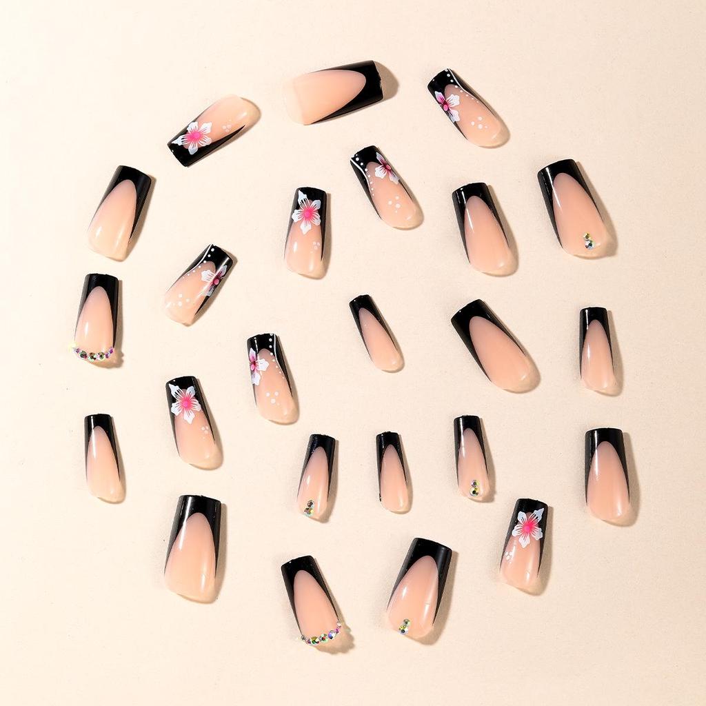 Черные французские стразы Съемные средние прямоугольные накладные ногти