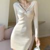 Весенне-осеннее женское платье с трикотажным низом, женское сексуальное трикотажное платье с v-образным вырезом, облегающее шерстяное платье с запахом на бедрах