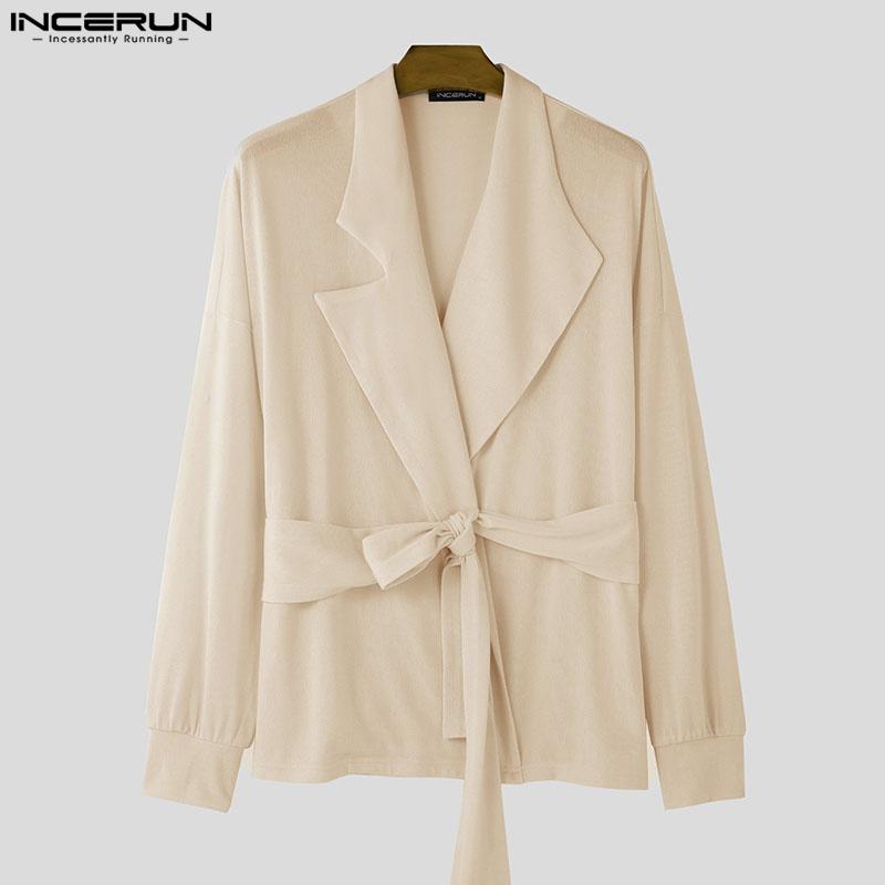 INCERUN Мужские весенние свободные топы с длинным рукавом и перекрестными лацканами