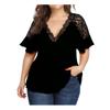 Sexy Women Short Ruffled Sleeve Deep V Neck Lace Patchwork Loose Blouse T-shirt