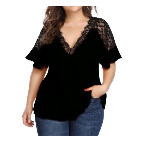 Sexy Women Short Ruffled Sleeve Deep V Neck Lace Patchwork Loose Blouse T-shirt