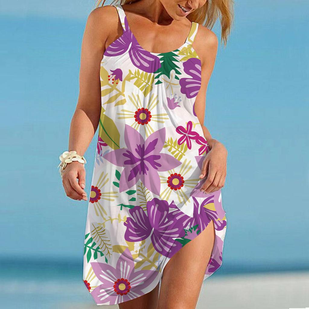 Пляжная одежда Мини-платье с принтом листьев Повседневное современное платье без рукавов Свободный крой Повседневное летнее платье для улицы