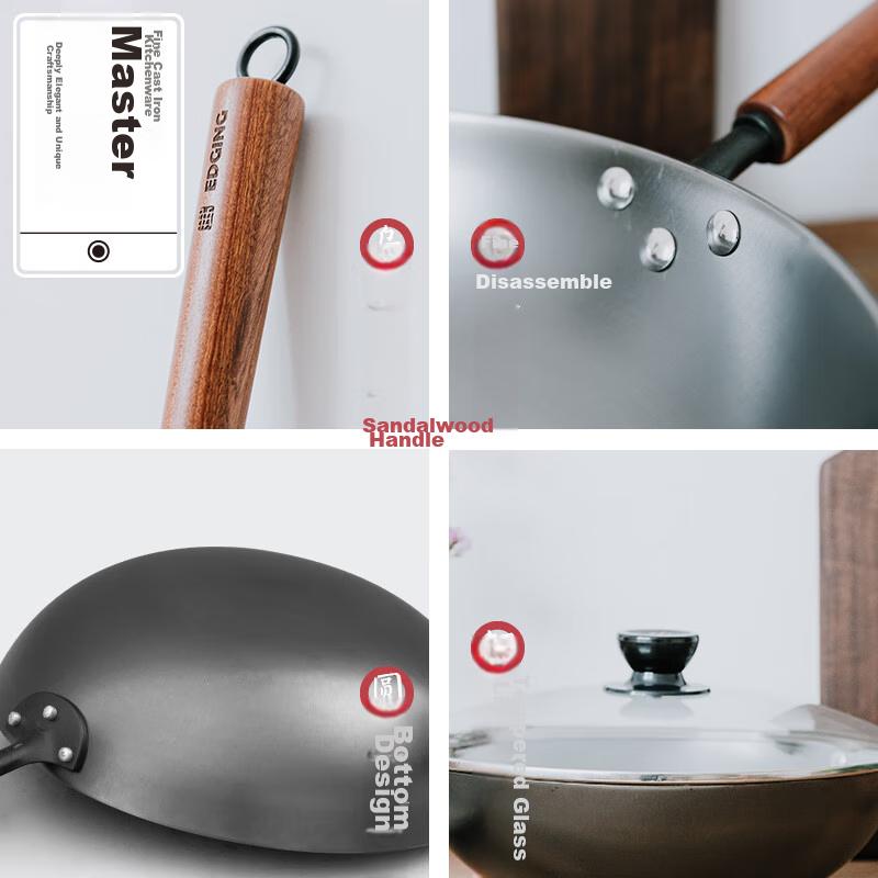 Cast Iron Wok, Uncoated Iron Pan, Cooking Pan for Home Use, Low Smoke, Round Bottom Frying Pan, Gas Stove Cookware, 30cm