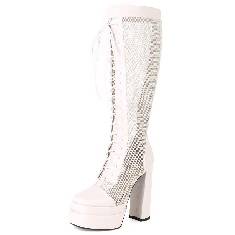 Сексуальные летние сапоги женские на платформе блочный высокий каблук сапоги до колена 2025 черные белые шнуровка сетка фетиш обувь для вечеринки большой размер