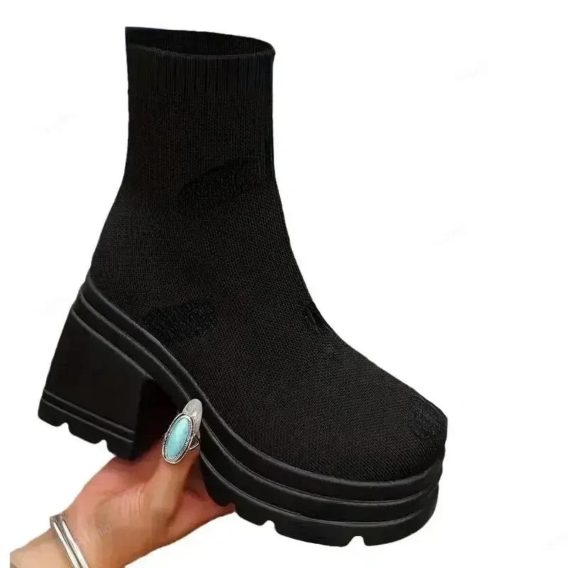 Модные вязаные ботильоны женские повседневные туфли на очень высоком каблуке с толстой подошвой женские осенние высокие эластичные сапоги-носки