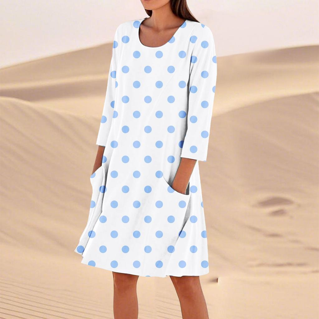 Женское однотонное модное свободное повседневное платье с рукавом три четверти Женское модное свободное повседневное платье с принтом в горошек и рукавом три четверти