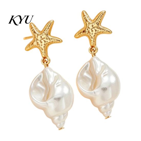 Fashionable Resin Conch Earrings 1 Pair Women's Boho Starfish Earrings, Faux Pearl Dangle Drop Daily Wear Summer Beach Ocean Style Jewelry Gift