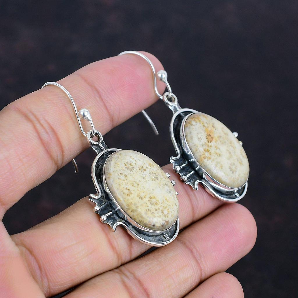 Серьги из ископаемого коралла, серьги ручной работы, драгоценные камни, серьги из стерлингового серебра 925 пробы, ювелирные изделия из ископаемого коралла, подарки для женщин, дизайнерские украшения