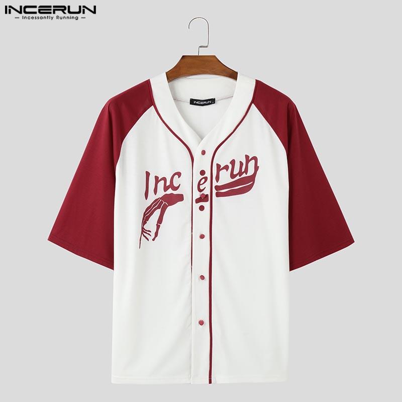 INCERUN Мужские повседневные летние футболки без воротника с коротким рукавом и буквенным принтом