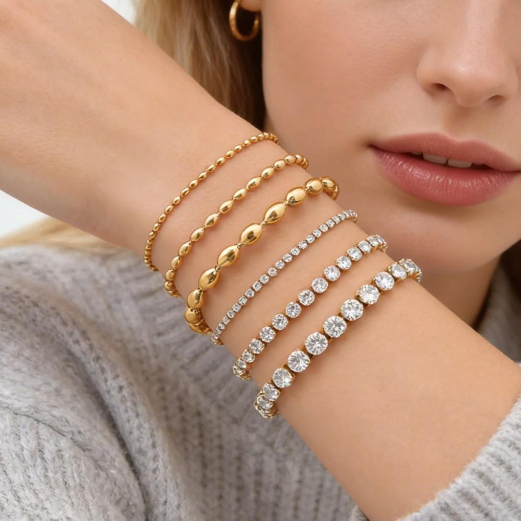 Classic AAA Zircon Tennis Bracelet for Women, Stainless Steel Oval Beads Chain Bracelets, Waterproof Fashion Jewelry Daily Party