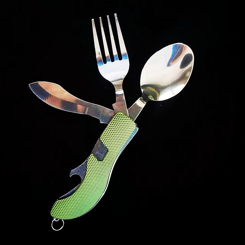 Многофункциональный набор столовых приборов из нержавеющей стали для кемпинга: Складной нож, вилка и ложка.