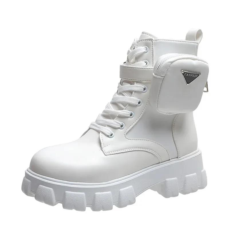 Женские ботинки, новинка, мотоциклетные ботинки на танкетке, женские туфли на платформе со шнуровкой, белые, черные, кожаные туфли-оксфорды, женские ботинки