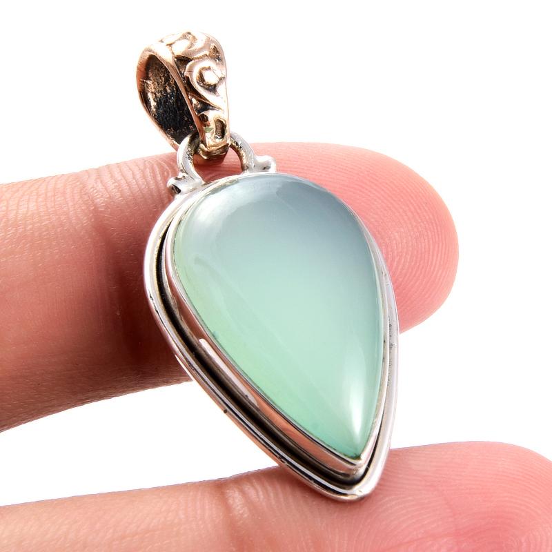 Natural Chrysoprase Gemstone 925 Sterling Silver Two Tone Pendant 1.4'' O9n39