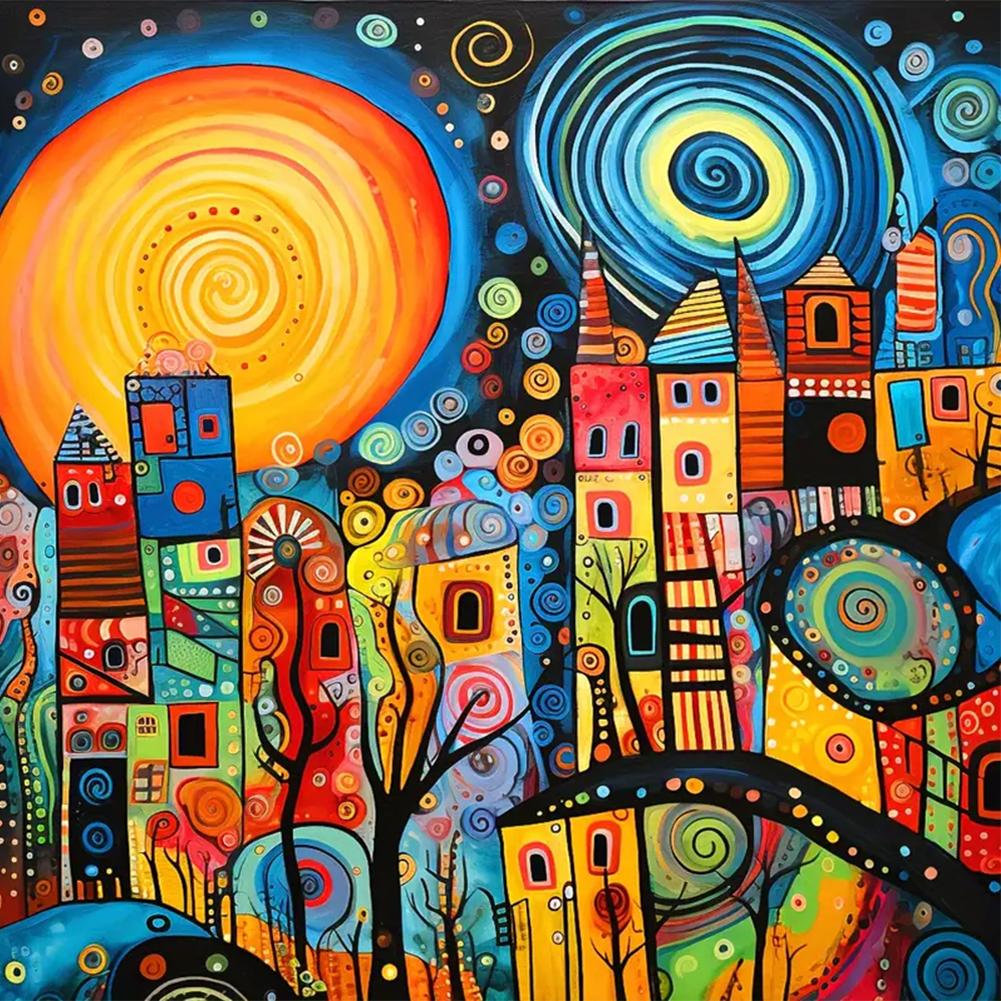 5D DIY Полная круглая дрель Алмазная картина Красочный дом Абстрактная серия Декор