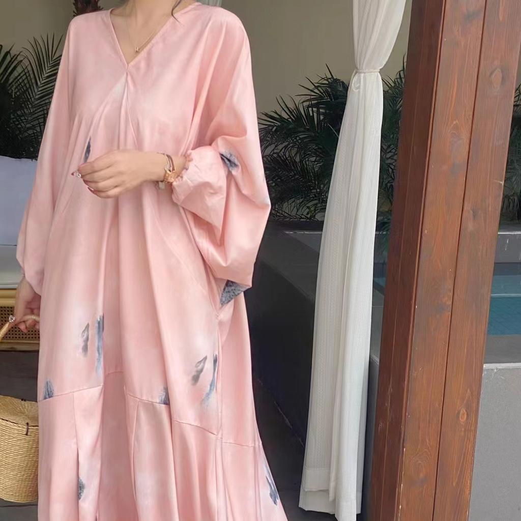 Модное корейское шикарное весенне-летнее ретро-стиль отпуска с v-образным вырезом и чернильным принтом, свободное повседневное женское платье с рукавами «летучая мышь»