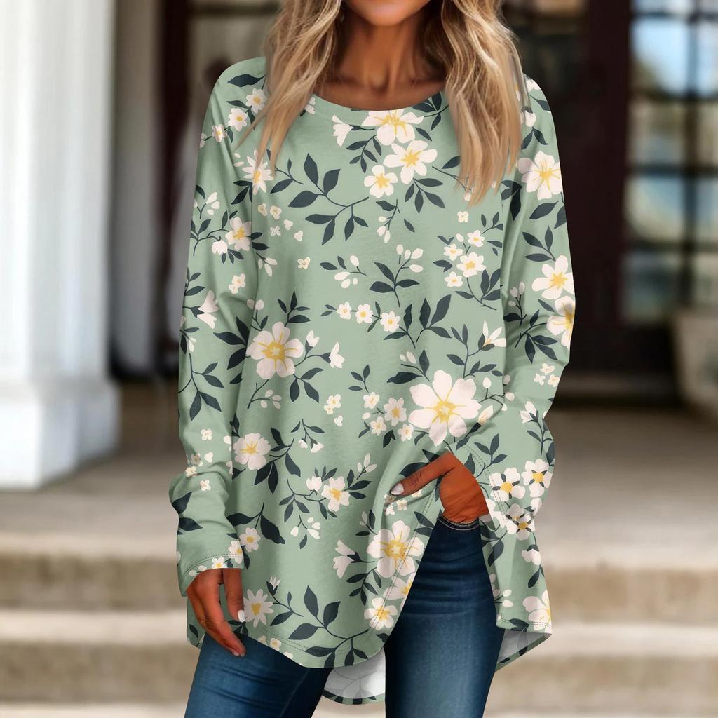 Женская повседневная футболка больших размеров с длинными рукавами и круглым принтом, верхний пуловер