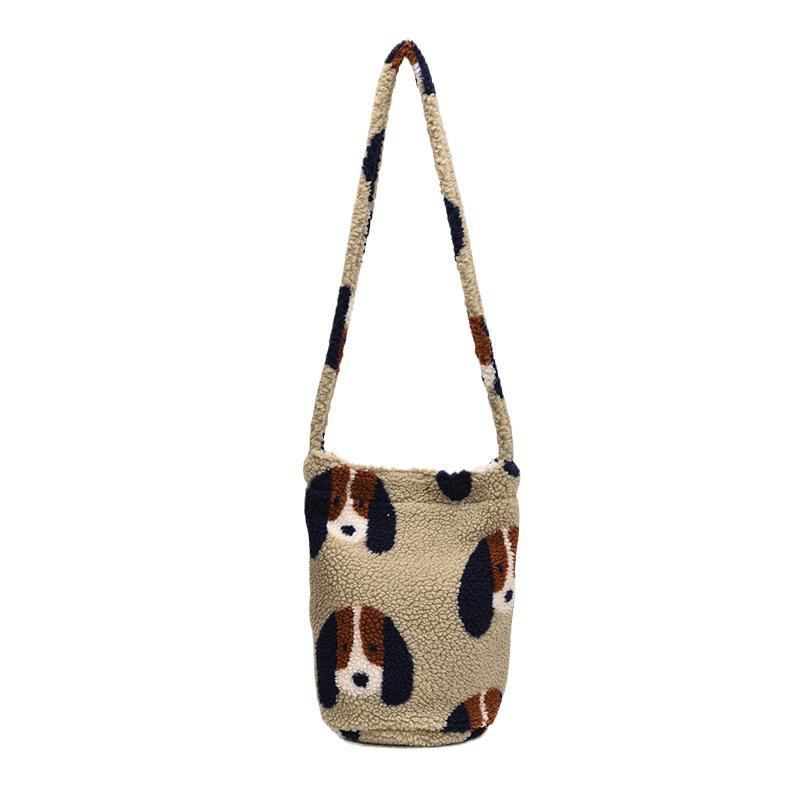 2025 Niche Designer Retro Leopard & Flower Cartoon Plush Messenger Bucket Bag