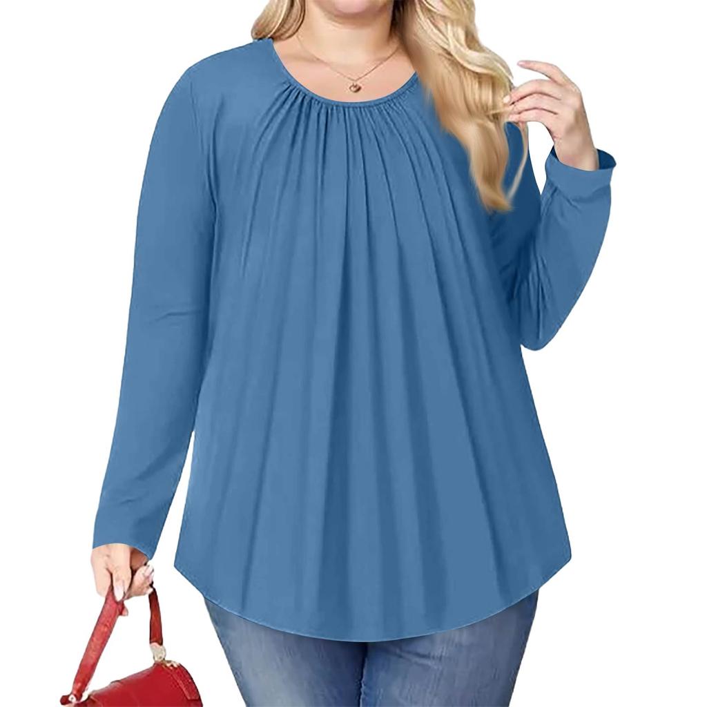 Women's Plus Size Fashion Solid Colour Casual Pleated Round Neck Long Sleeve Top