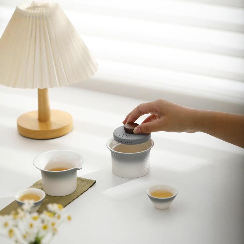 Outdoor Portable Ceramic Tea Set: One Pot, Three Cups, Gradient Grey Glaze for Travel and Business Trips
