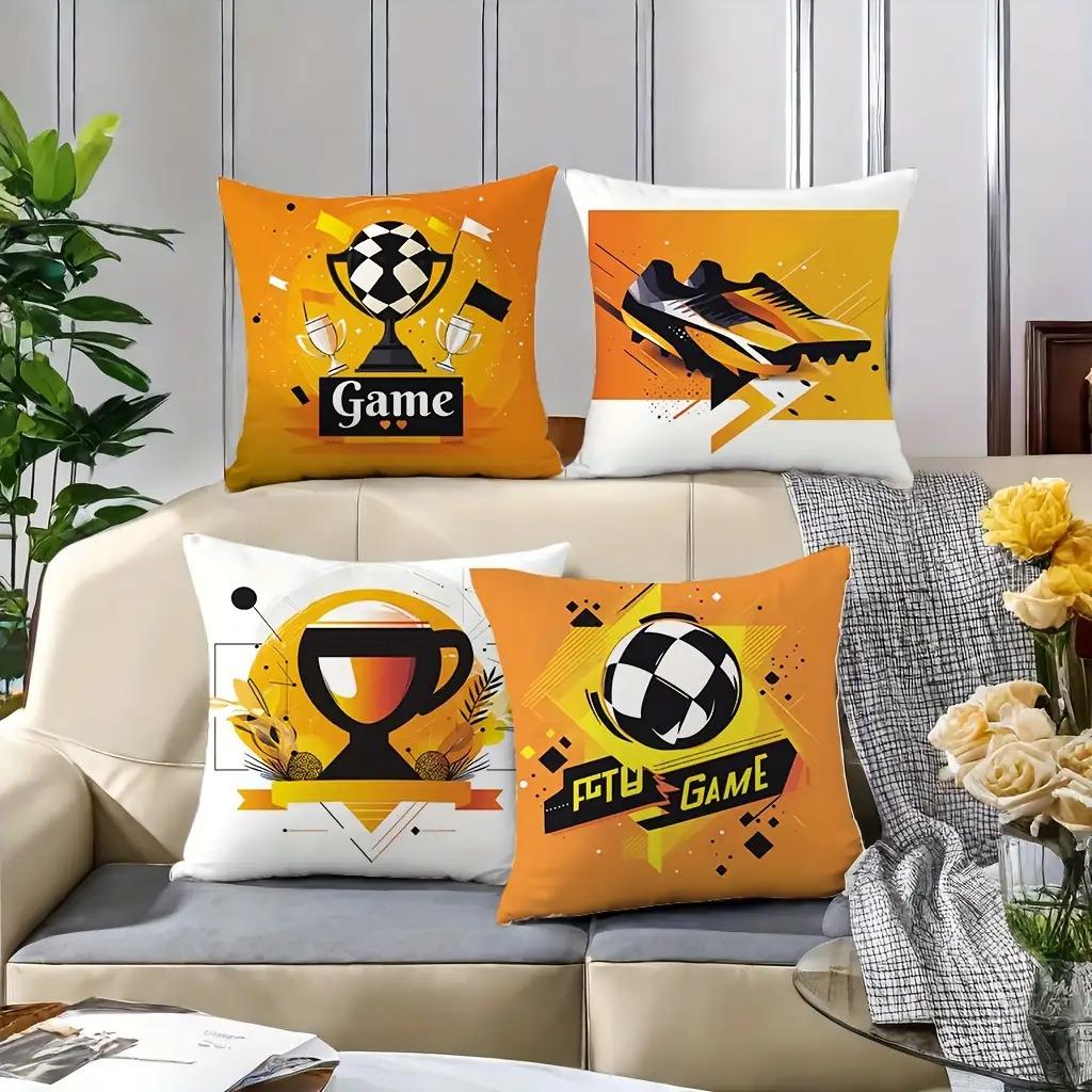 Dynamic Soccer Game Pillow Covers, Trophy Cleat Ball Art Decorative Throw Pillow Cases, Sporty Fan Home Decor Cushion Covers