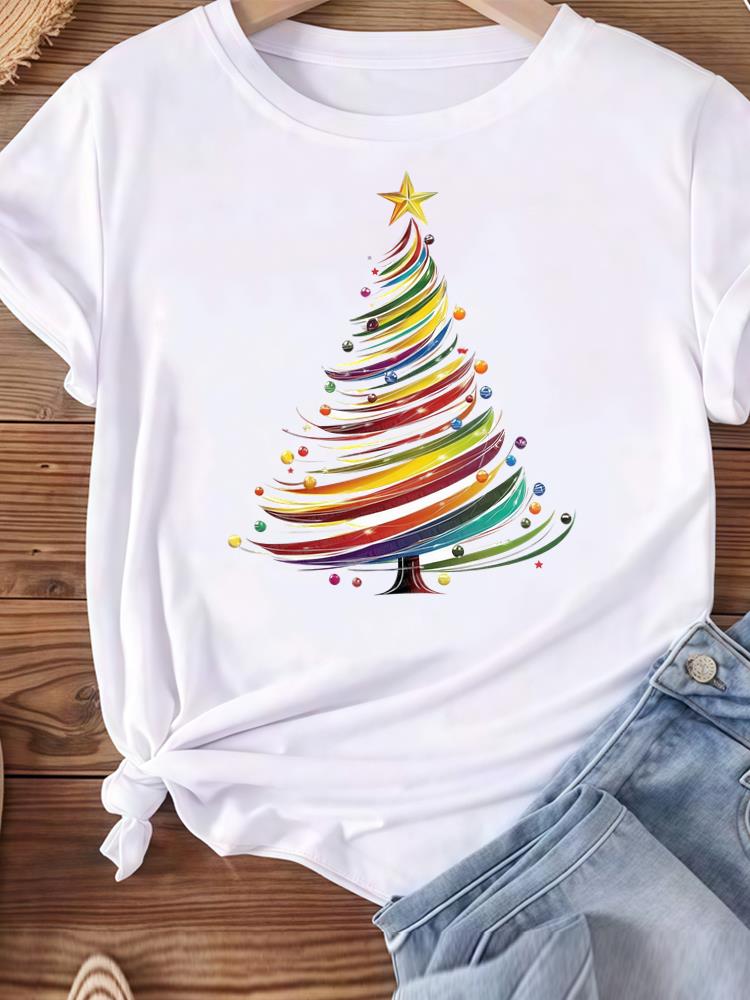 (Asian Size) Letter Happy New Year Women's Top T Tee Merry Christmas Festival O-neck Clothing Print Fashion Ladies Graphic T-shirts