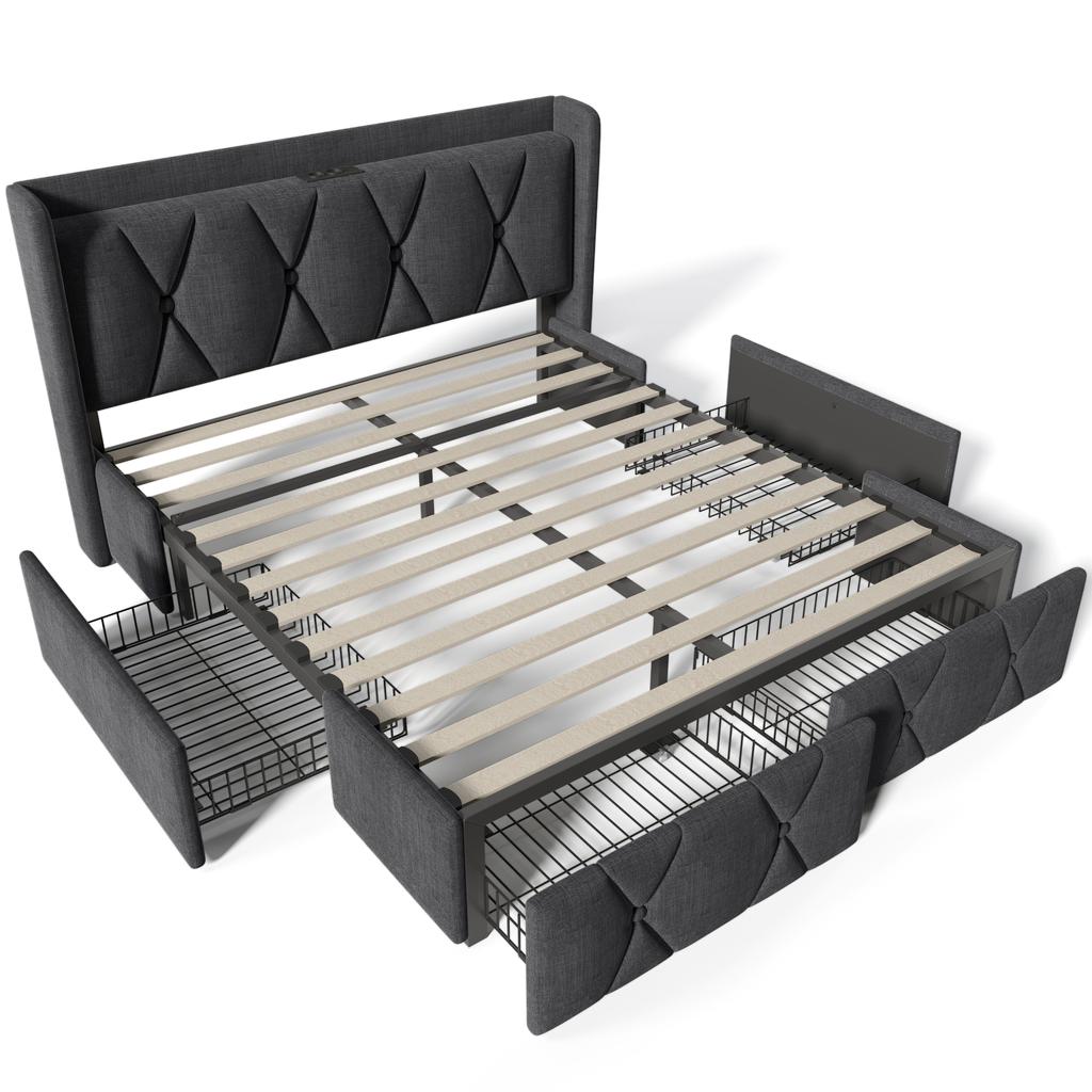 (=AB20485152G)Upholstered Bed with USB Charging Function Headboard and 4 Drawers, Double 160x200cm Bed, Wooden Slatted Frame, Grey (Without Mattress)