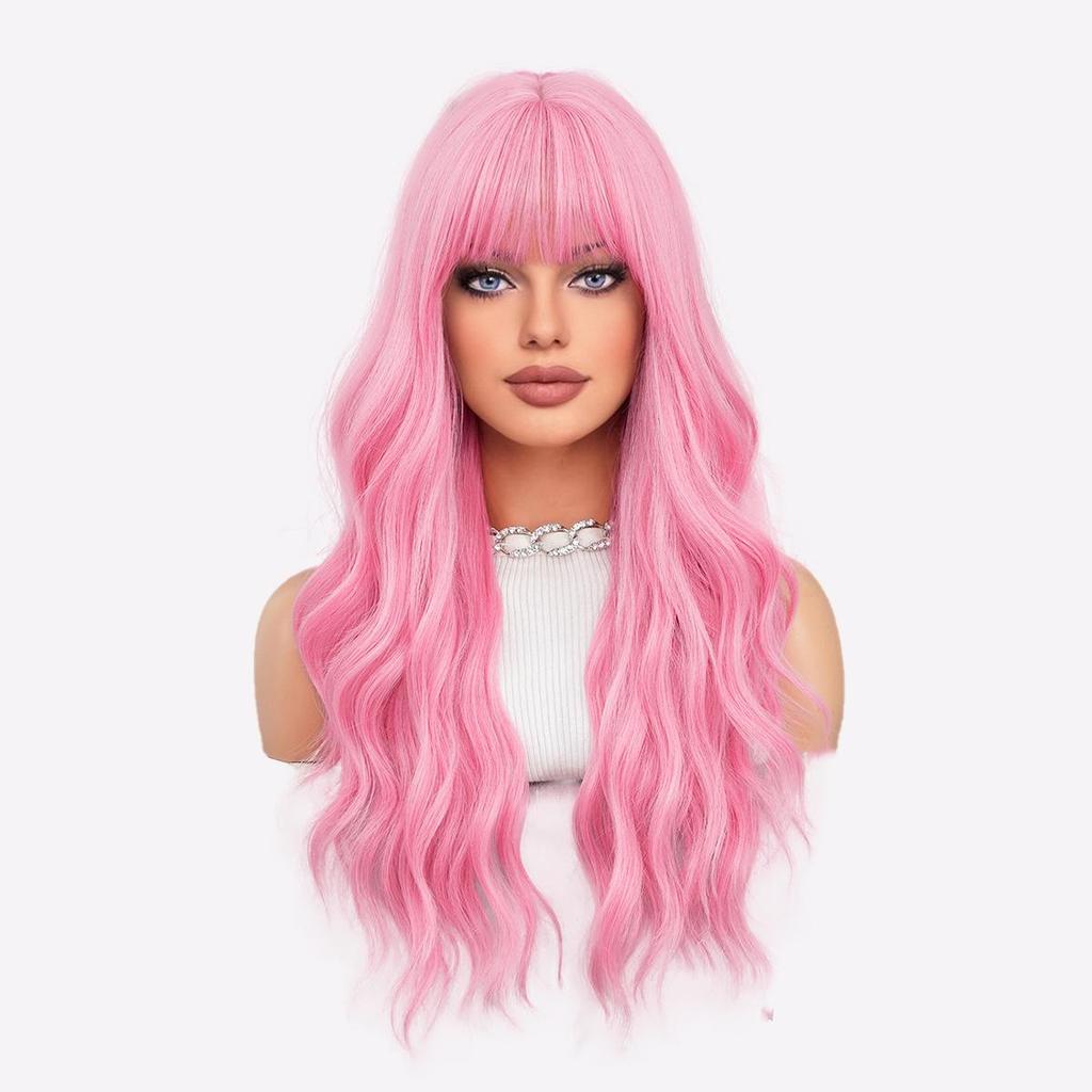 Яркий парик цвета рыжего апельсина - 26 дюймов, термостойкие свободные волны с прямой челкой, платиновые и розовые синтетические волосы в стиле балаяж для косплея и вечеринок