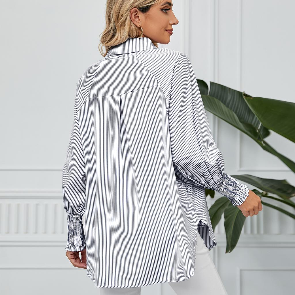 YYFS Женские модные повседневные весенне-осенние рубашки-поло с длинным рукавом и принтом в полоску, блузки и рубашки