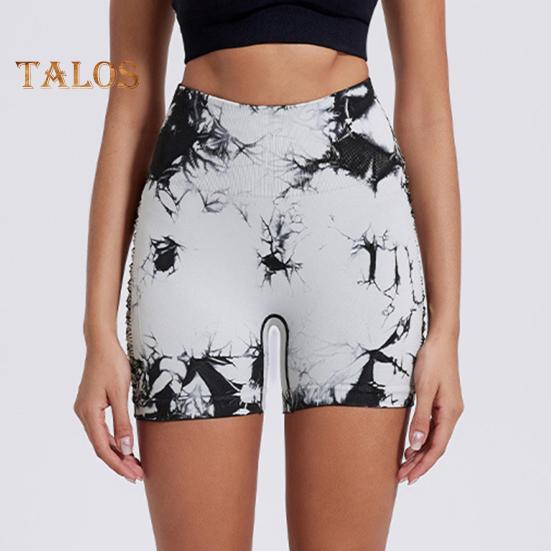 Шорты для йоги. Облегающий крой. Высокая эластичность. Контроль живота. Бесшовные. Быстросохнущие. Тай-дай.