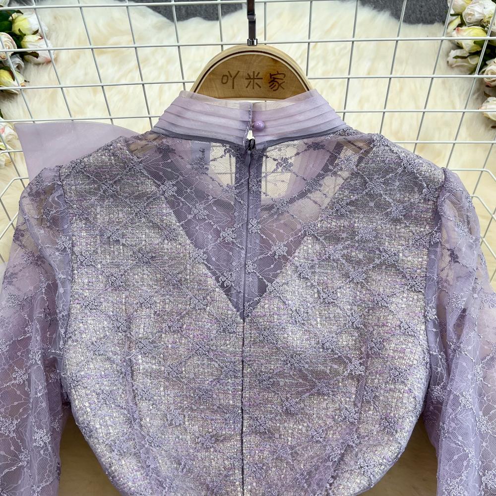 Весенне-осеннее женское элегантное фиолетовое сетчатое твидовое лоскутное праздничное платье с вышивкой и бантом, мини-короткие платья с бисером