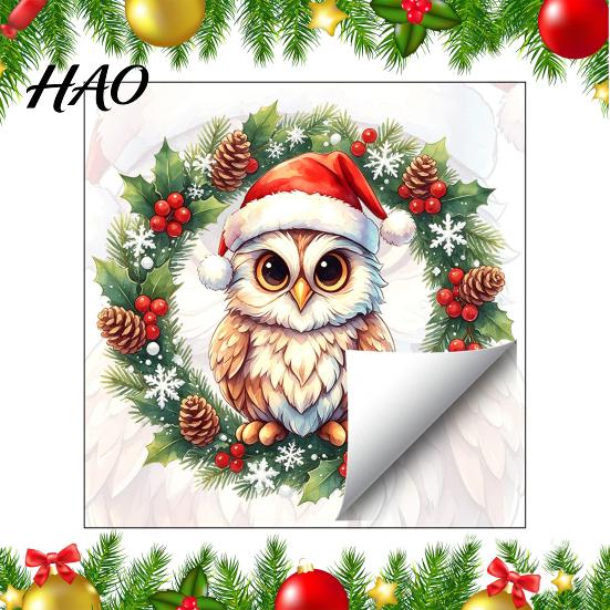 Festive Glass Door Decor Christmas Owl Wreath Static Window Cling, Winter Holiday Sticker, Indoor Scene No?Glue Reusable Decal for Home Shop