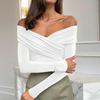 2024 European & American Autumn/Winter Women's Sexy Deep V Long Sleeve Pleated Off-Shoulder Top