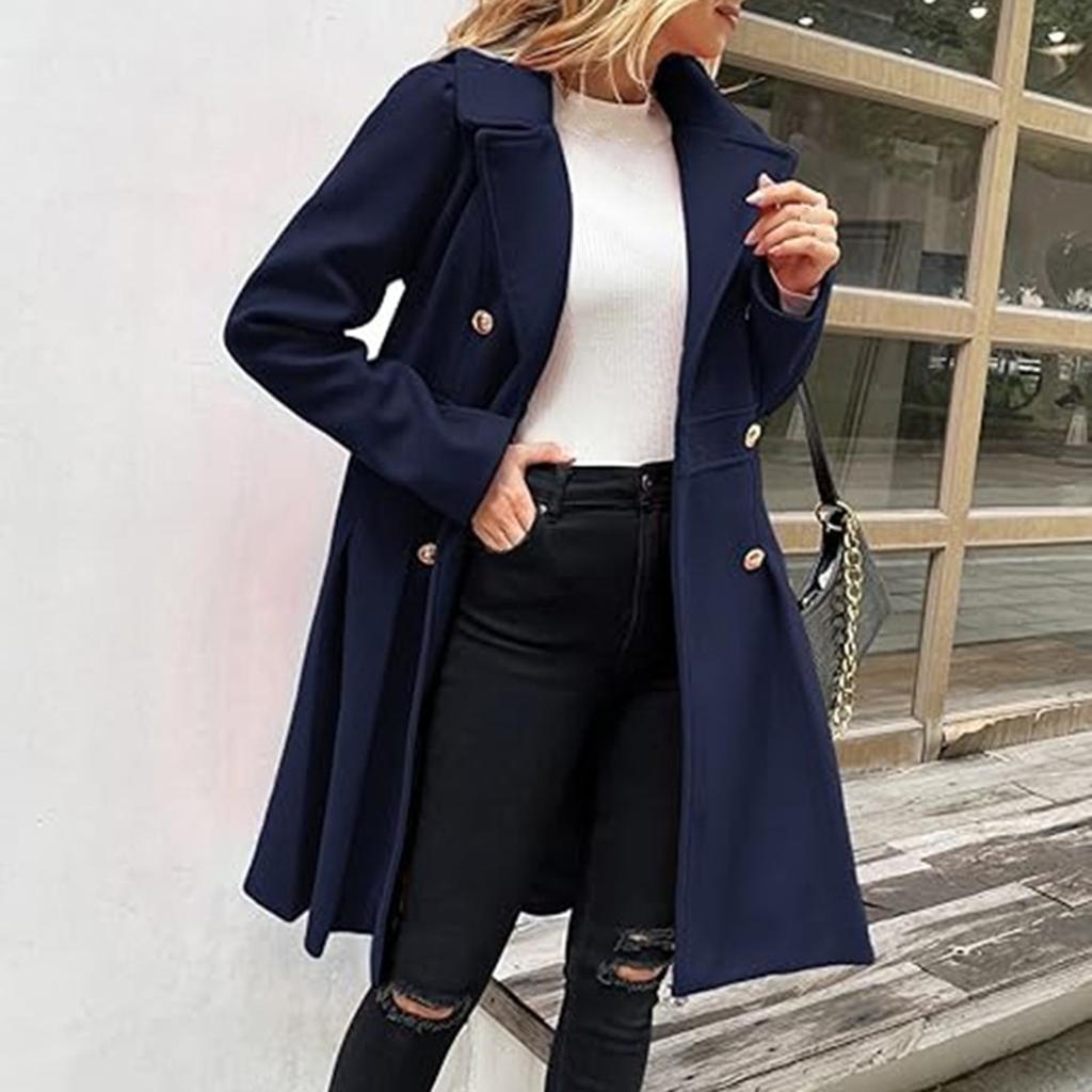 Women's Long Woolen Coat With Double Breasted Buttons