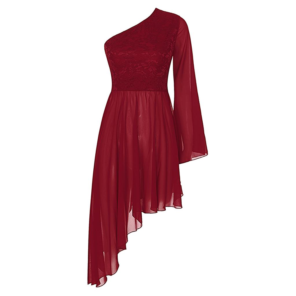 Женская туника для выступлений Worship с цветочным кружевным пэчворком, на одно плечо, с расклешенным рукавом, асимметричным подолом, танцевальное платье