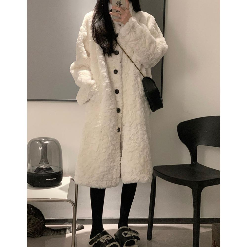 Пальто из овечьей шерсти, женское длинное пальто выше колена, утолщенный мех, свободный воротник-стойка, теплая повседневная стеганая куртка