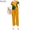 ZANZEA Women Print Blouse and Pants Casual Two Piece Set