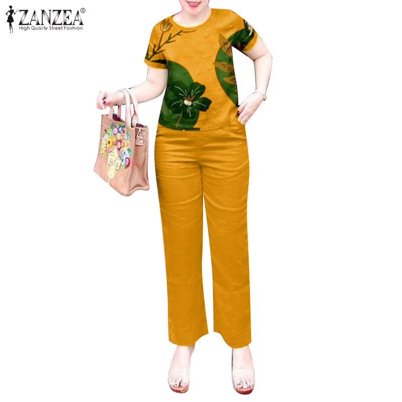 ZANZEA Women Print Blouse and Pants Casual Two Piece Set