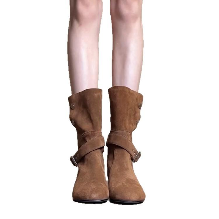 Версия из мягкой кожи~ Новое модное нишевое дизайнерское чувство, увеличение внутренней высоты, женские ковбойские сапоги с пряжкой, матовые кожаные короткие сапоги двойного ношения