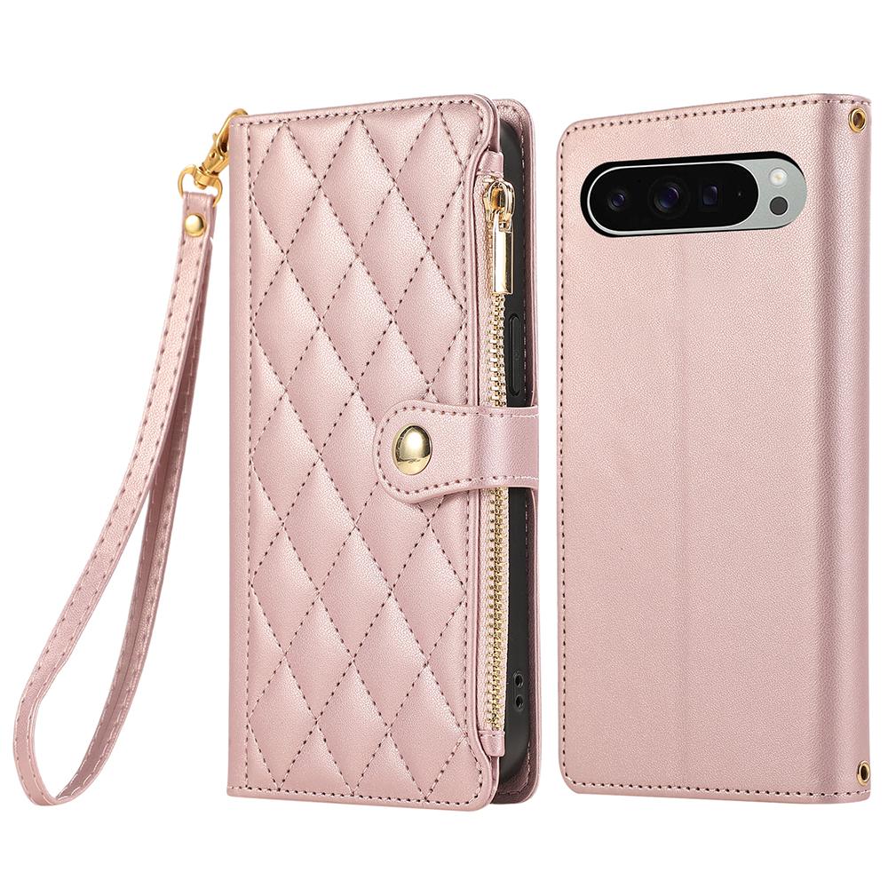 For Google Pixel 9 Pro XL Case Multi Card Slots Zipper Rhombus Leather Phone Cover with Wrist Strap