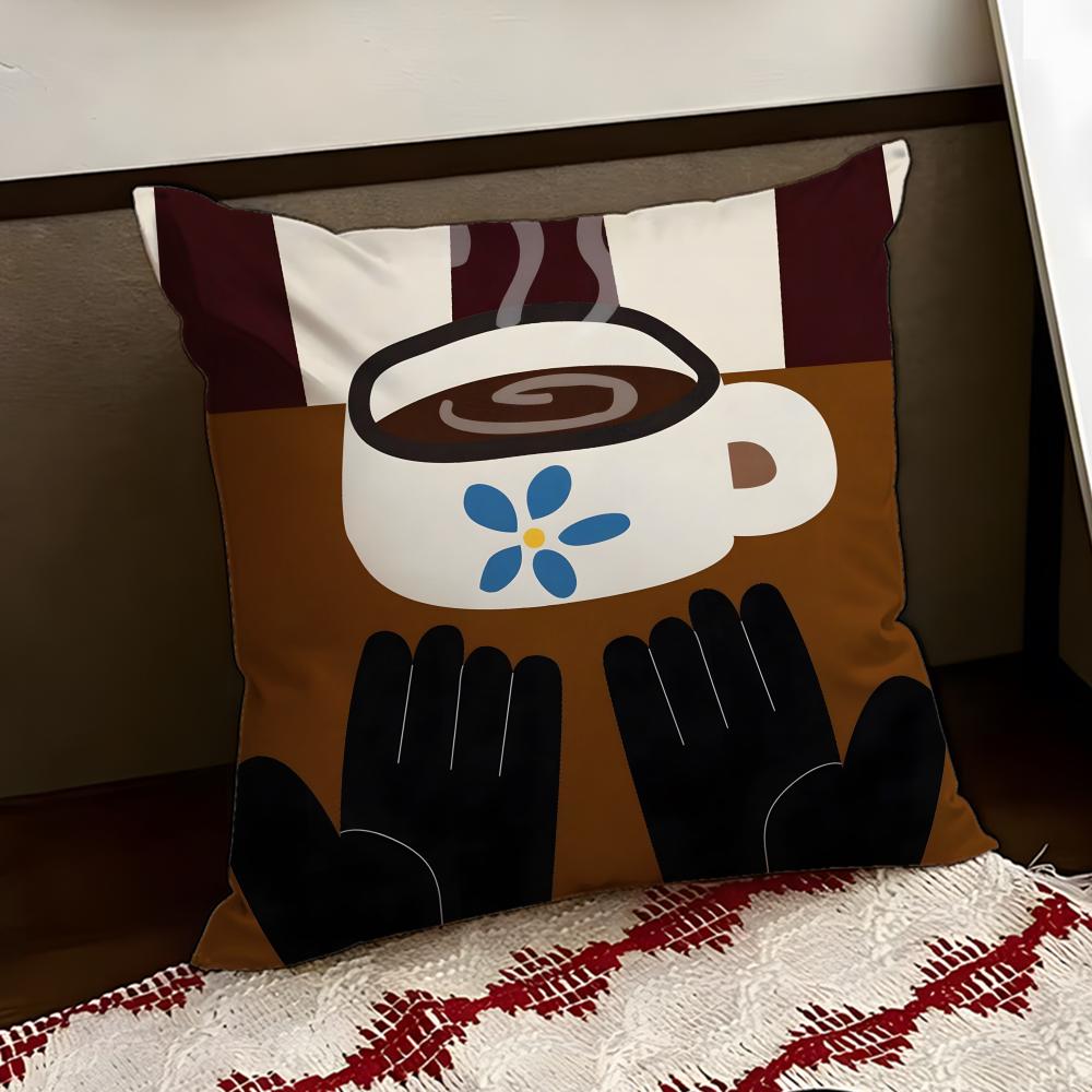 Creative Coffee Illustration Cushion Cover Reversible Soft Durable Pillow Cover Home Car MultiScene Use for Daily Comfort