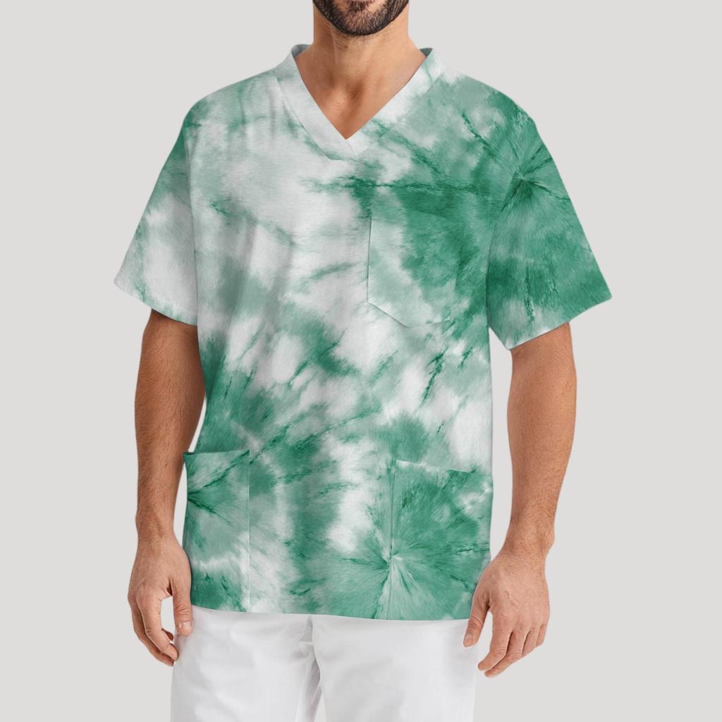 Мужская рабочая блузка с короткими рукавами и v-образным вырезом с принтом, топ с нагрудным карманом