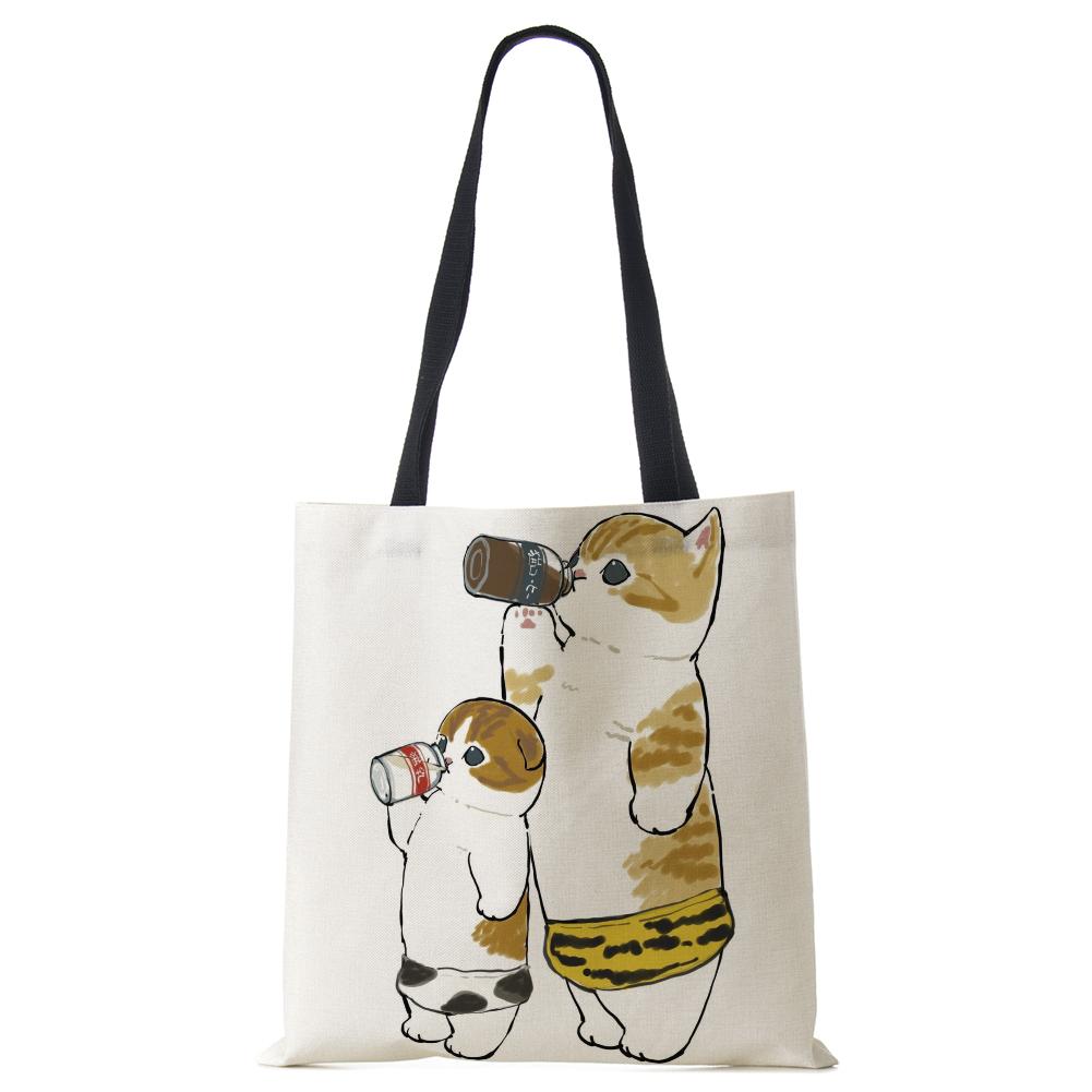 Женская сумка с милым животным кошачьим принтом, повседневная складная сумка-тоут для покупок в стиле Харадзюку, многоразовые сумки на плечо большой емкости