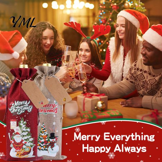 Portable Wine Bottle Protectors Christmas Bag, Vintage Drawstring Sleeve, Reusable Faux Gift Wrap Linen Cover Clothes for New Year Wedding Holiday