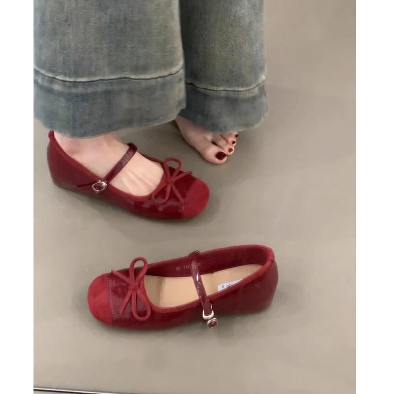 Французские красные туфли Мэри Джейн с внутренней стороны, увеличивающие рост, женские, весна 2025, новые балетки с неглубоким горлом и одним словом «бабушкины туфли»
