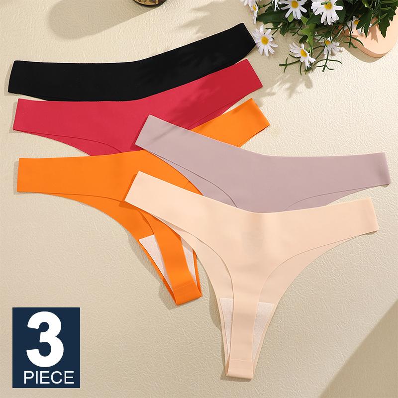 3PCS Seamless Thong Women Ice Silk T-back Intimate Solid Breathable Crotch Briefs Sexy Tanga Multiple 10 Color Lingerie