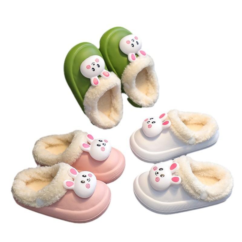 Rabbit cotton slippers for indoor children, warm plush slippers for girls, cute, non-slip, waterproof shoes for home use in winter