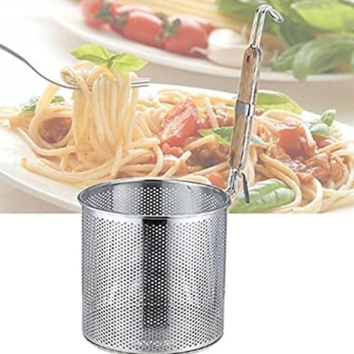 Farigrut Udon Strainer, Flat Bottom, Wooden Handle, Stainless Steel, with Hook, for Draining Pasta, Frying Dregs, and Noodles, Perfect for Boiling and